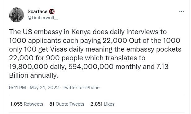 Scarface timberwolf the us embassy in kenya does daily interviews to applicants