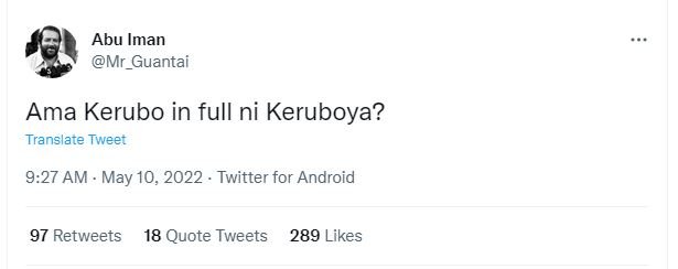 Abu iman mr_guantai ama kerubo in full ni keruboya? translate tweer 9.27 am . ma