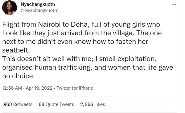 Nyachangkuoth nyachangkuothi flight from nairobi to doha, full of young girls wh