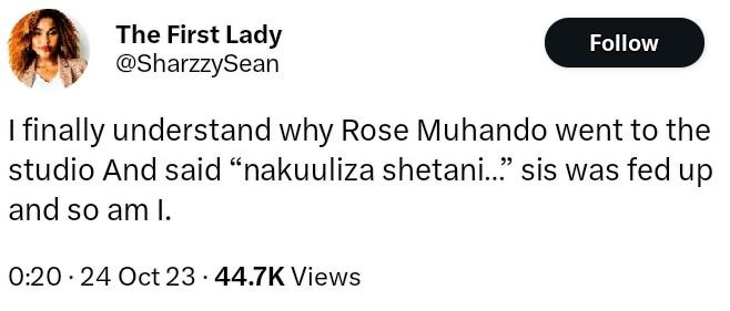 The first lady sharzzysean follow finally understand why rose muhando went to th