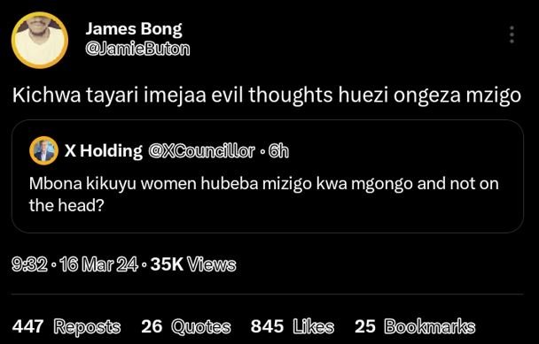 James bong jamiebuton kichwa tayari imejaa evil thoughts huezi ongeza mzigo x ho