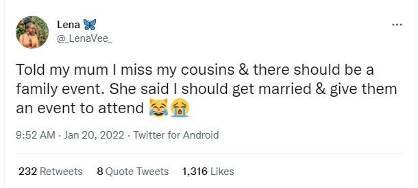 Lena 8 LenaVee Told my mum miss my cousins there should be a family event. She s