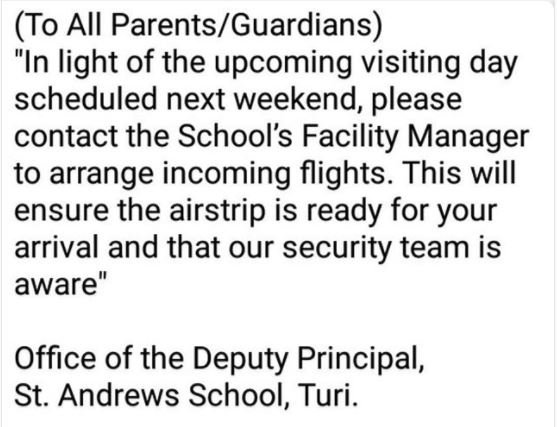 To all parentsguardians in light of the upcoming visiting day scheduled next wee