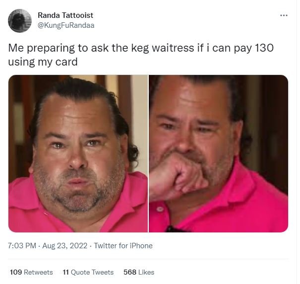 Randa tattooist kungfurandaa me preparing to ask the keg waitress if can pay 130