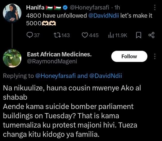 Hanifa honeyfarsafi ih have unfollowed davidndii let's make it 5oooa9 037 ılu 11
