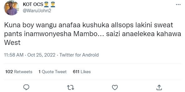 Kot ocs waruijohn2 kuna boy wangu anafaa kushuka allsops lakini sweat pants inam