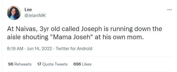 Lee jelanimk at naivas, 3yr old called joseph is running down the aisle shouting