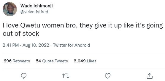 Wado ichimonji velvetistired love qwetu women bro they give it up like it's goin