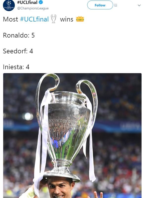 Uclfinal championsleague follow most uclfinal wins ronaldo 5 seedorf 4 iniesta 4