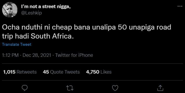 Imnot a street nigga, Leshkip Ocha nduthi ni cheap bana unalipa 50 unapiga road