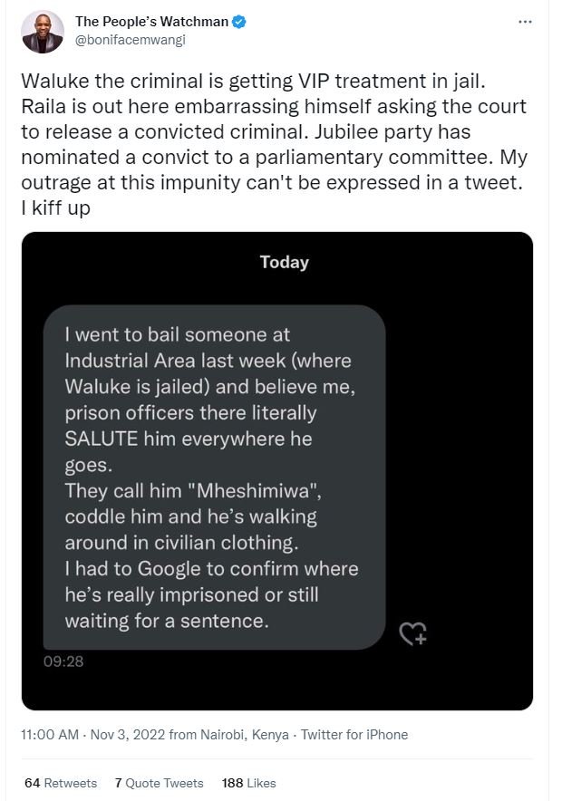 The people's watchman bonifacemwangi waluke the criminal is getting vip treatmen