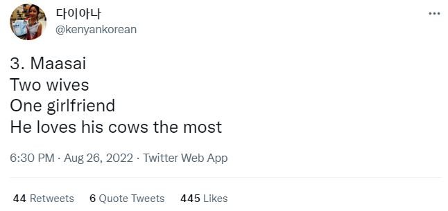 Ctolotyt kenyankorean 3. maasai two wives one girlfriend he loves his cows the m