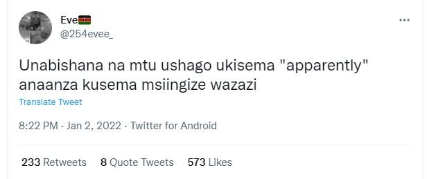 Eve 254evee Unabishana na mtu ushago ukisema apparently anaanza kusema msiingize