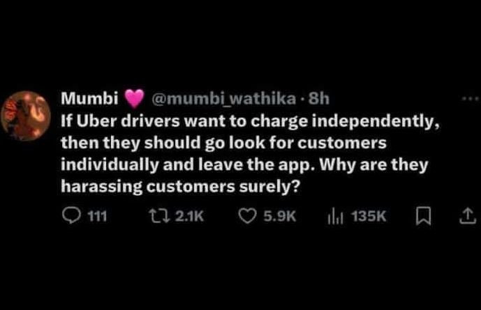 Mumbi mumbi wathika 8h if uber drivers want to charge independently, then they s