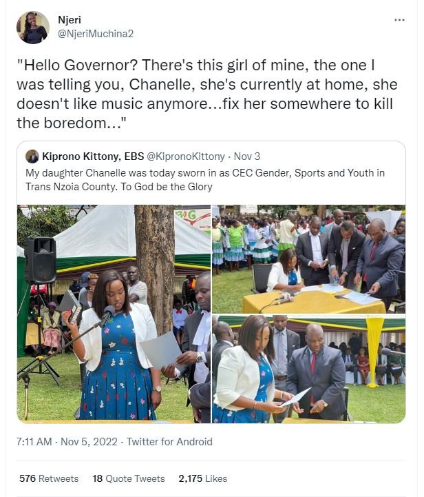Njeri njerimuchina2 hello governor? there's this girl of mine, the one was telli