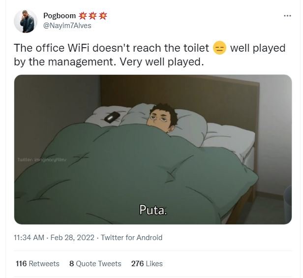 Pogboom nayim7alves the office wifi doesn't reach the toilet by the management.