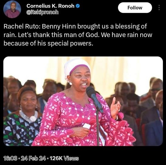 Cornelius k. ronoh itskipronoh follow rachel ruto benny hinn brought us a blessi