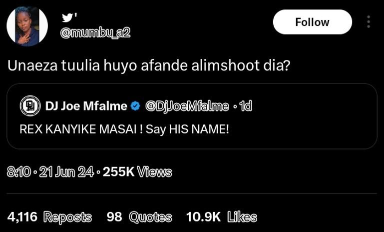Follow umbua2 unaeza tuulia huyo afande alimshoot dia? dj joe mfalme fjoemfalme