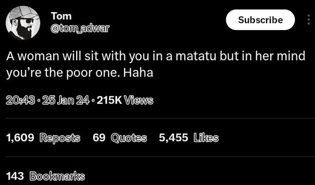 Tom itom adwar subscribe a woman will sit with you in a matatu but in her mind y