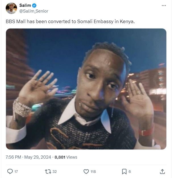 Salim salim_senior bbs mall has been converted to somali embassy in kenya. 7.56