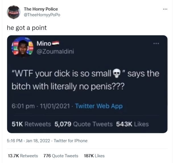 The Horny Police TheeHornyyPoPo he got a point Mino Zoumaldini WTF your dick is