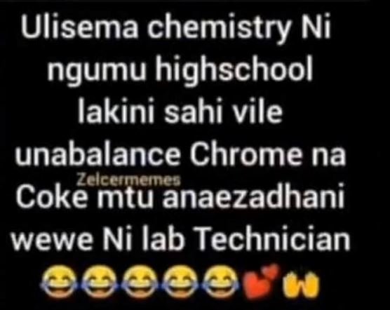 Ulisema chemistry Ni ngumu highschool lakini sahi vile unabalance Chrome na Zelc