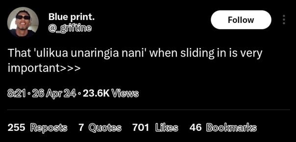 Blue print. grlfdne follow that 'ulikua unaringia nani' when sliding in is very