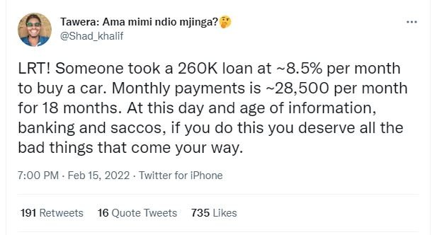 Tawera Ama mimi ndio mjinga? Shad_khalif LRT! Someone took a 26OK loan at 8.5 pe