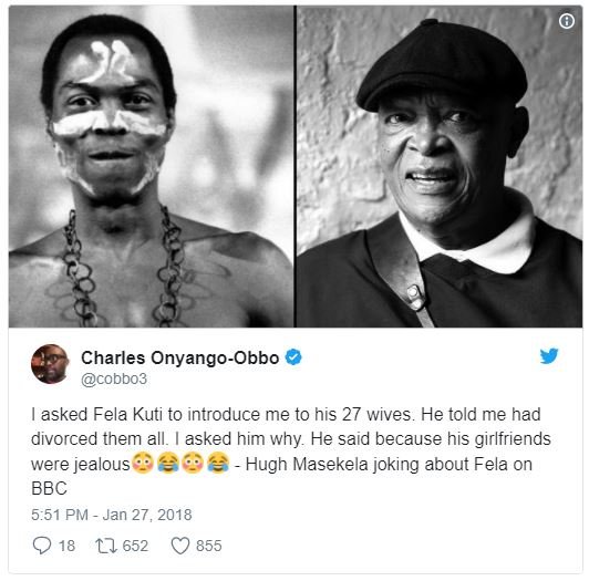 Charles onyangoobbo cobbo3 asked fela kuti to introduce me to his 27 wives. he t