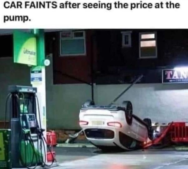 Car faints after seeing the price at the pump. daa