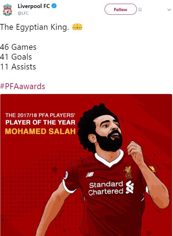 Liverpool fc lfc follow the egyptian king. 46 games 41 goals 11 assists pfaaward