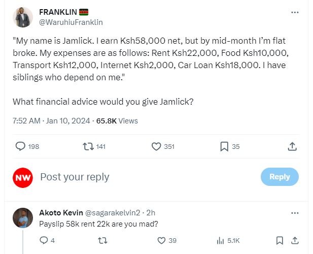 Franklin waruhiufranklin my name is jamlick. earn ksh58,000 net, but by midmonth