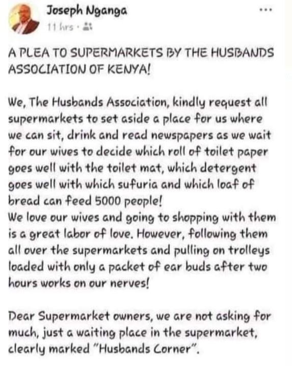 Joseph nganga u65 a plea to supermarkets by the husbands association of kenya! w