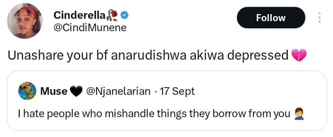 Cinderella cindimunene follow unashare your bf anarudishwa akiwa depressed muse