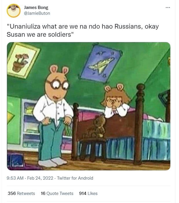 James Bong JamieButon Unaniuliza what are we na ndo hao Russians okay Susan we a