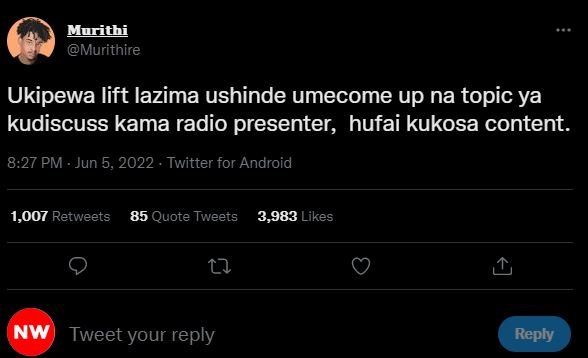 Murithi murithire ukipewa lift lazima ushinde umecome up na topic ya kudiscuss k