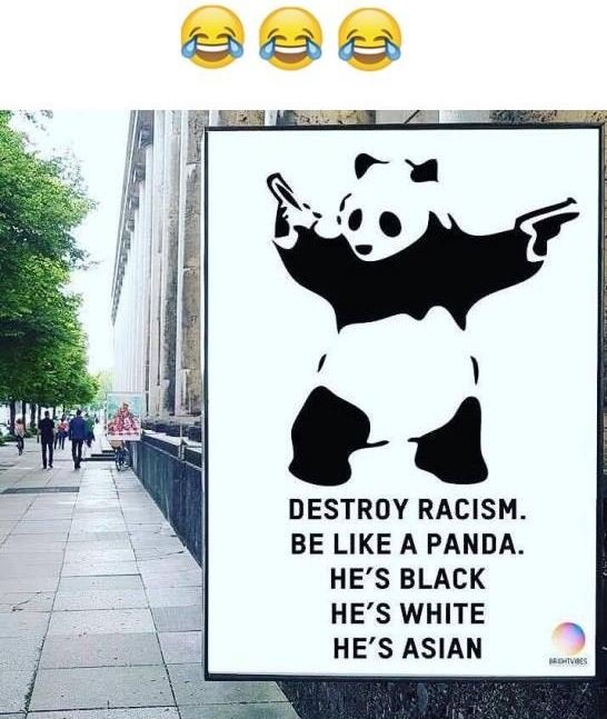 Destroy racism. be like a panda. hes black hes white hes asian