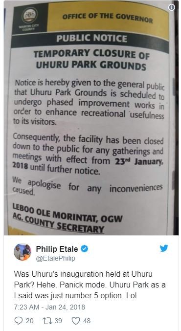Office of the governor public notice temporary closure of uhuru park grounds not