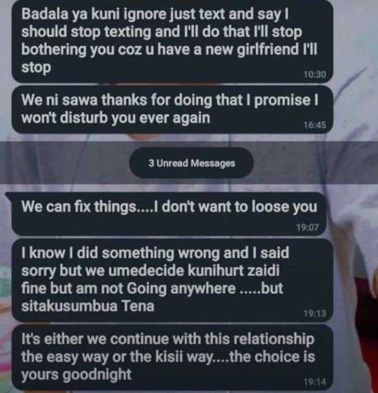 Badala ya kuni ignore just text and say should stop texting and i'll do that i'i