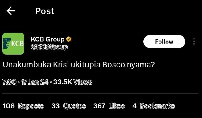Post kcb group kcb dkcbgroup follow unakumbuka krisi ukitupia bosco nyama? jan 2