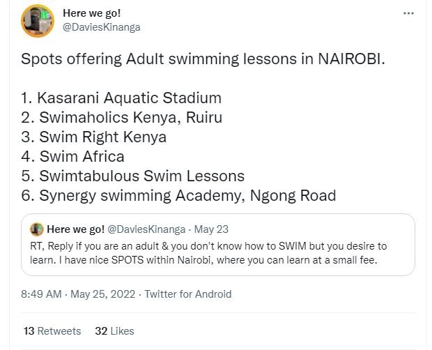 Here we go! davieskinanga spots offering adult swimming lessons in nairobi. 1. k
