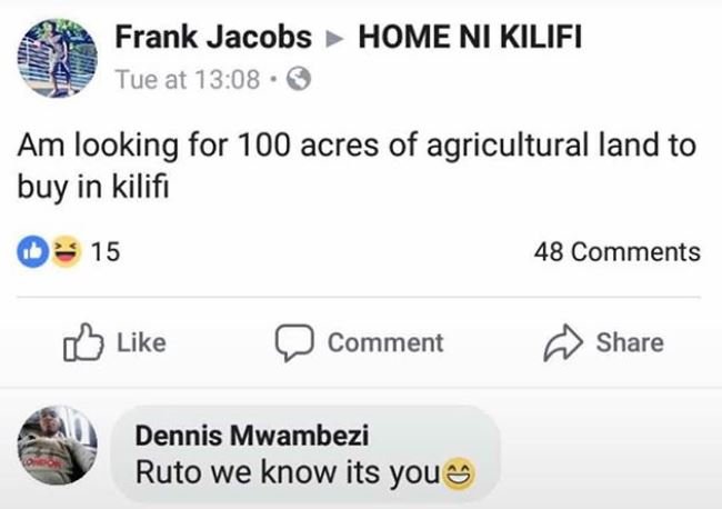 Frank jacobs tue at 13.08 home ni kilifi am looking for 100 acres of agricultura