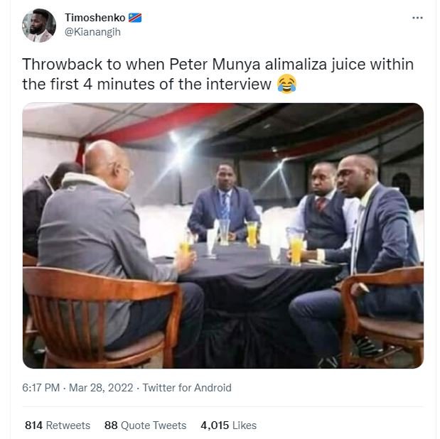 Timoshenko kianangih throwback to when peter munya alimaliza juice within the fi