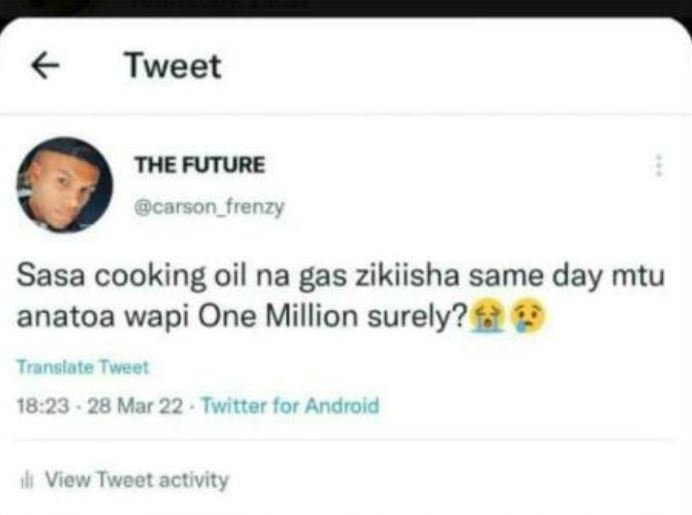 Tweet the future carson_frenzy sasa cooking oil na gas zikiisha same day mtu ana