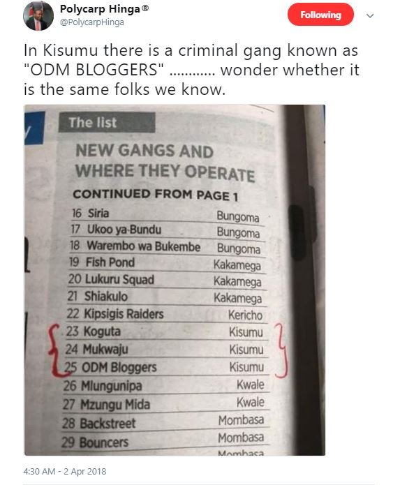 Polycarp hinga polycarphinga following in kisumu there is a criminal gang known