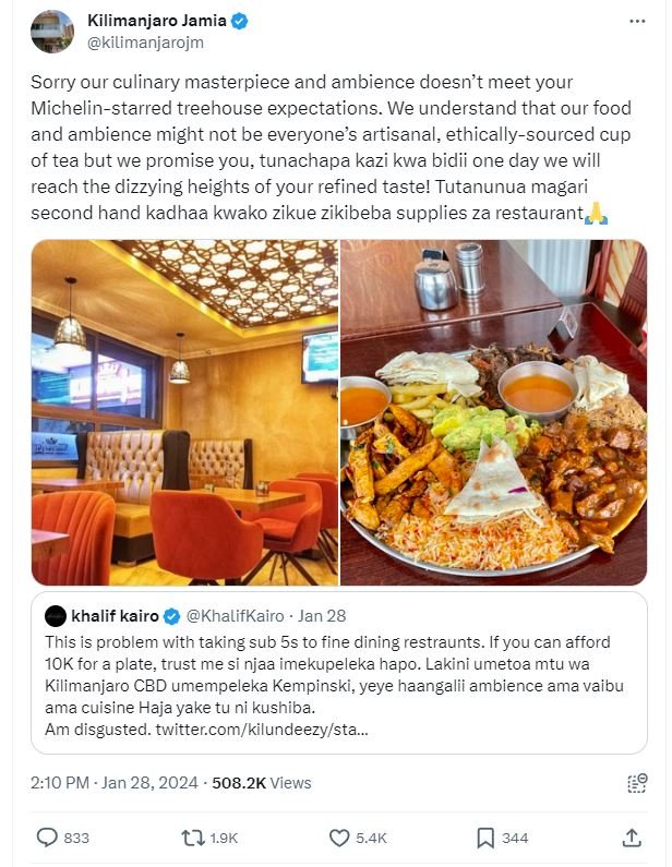 Kilimanjaro jamia kilimanjarojm sorry our culinary masterpiece and ambience does