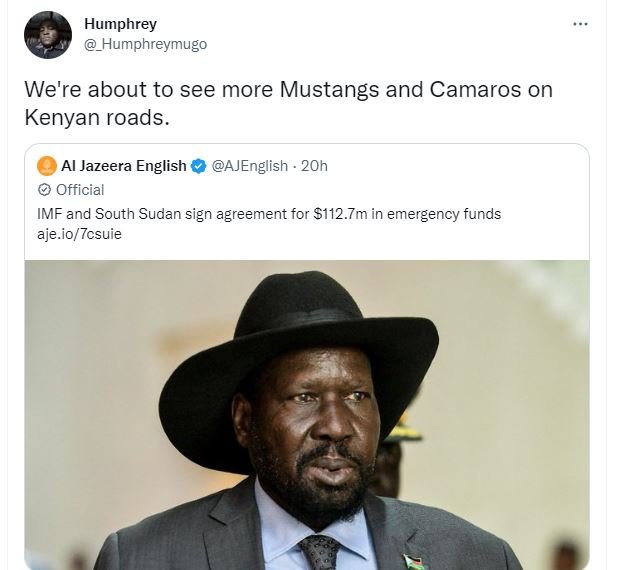 Humphrey humphreymugo we're about to see more mustangs and camaros on kenyan roa