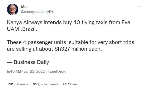 Moe moneyacademyke kenya airways intends buy 40 flying taxis from eve uam brazil