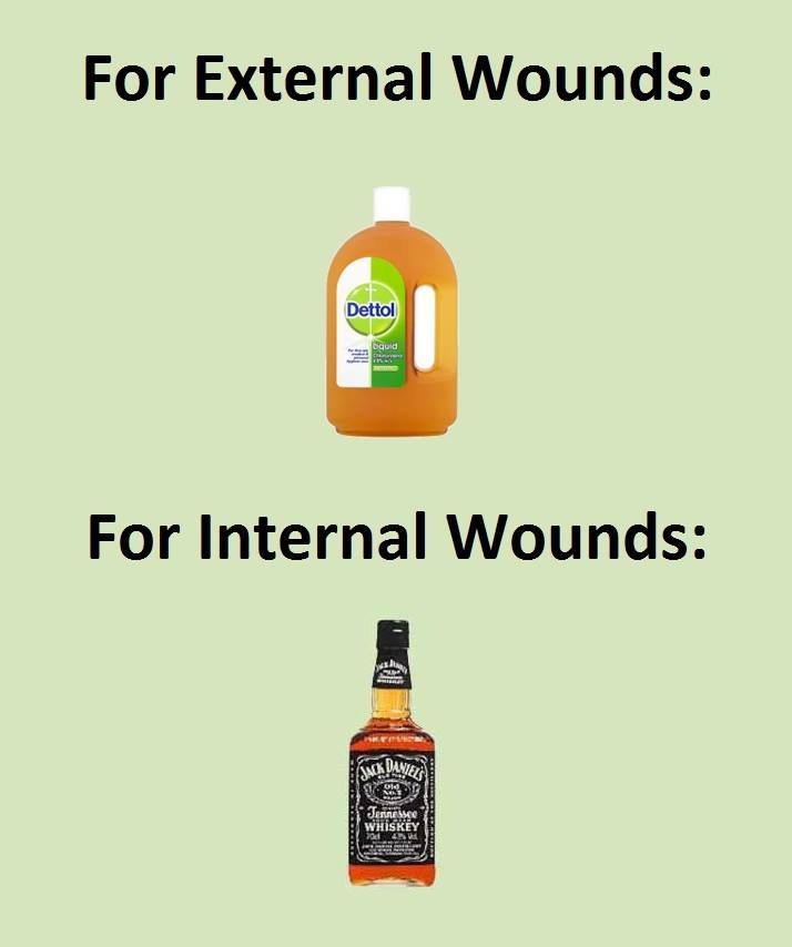For external wounds dettol cqud 0 for internal wounds