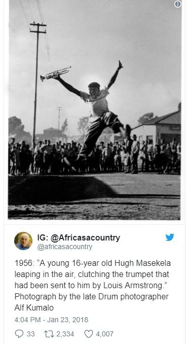 Ig africasacountry africasacountry . a young 16year old hugh masekela leaping in